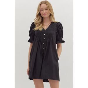 Entro Black Smocked Puff Sleeve Mini Dress | Babydoll V-Neck Button Sz M - NWT